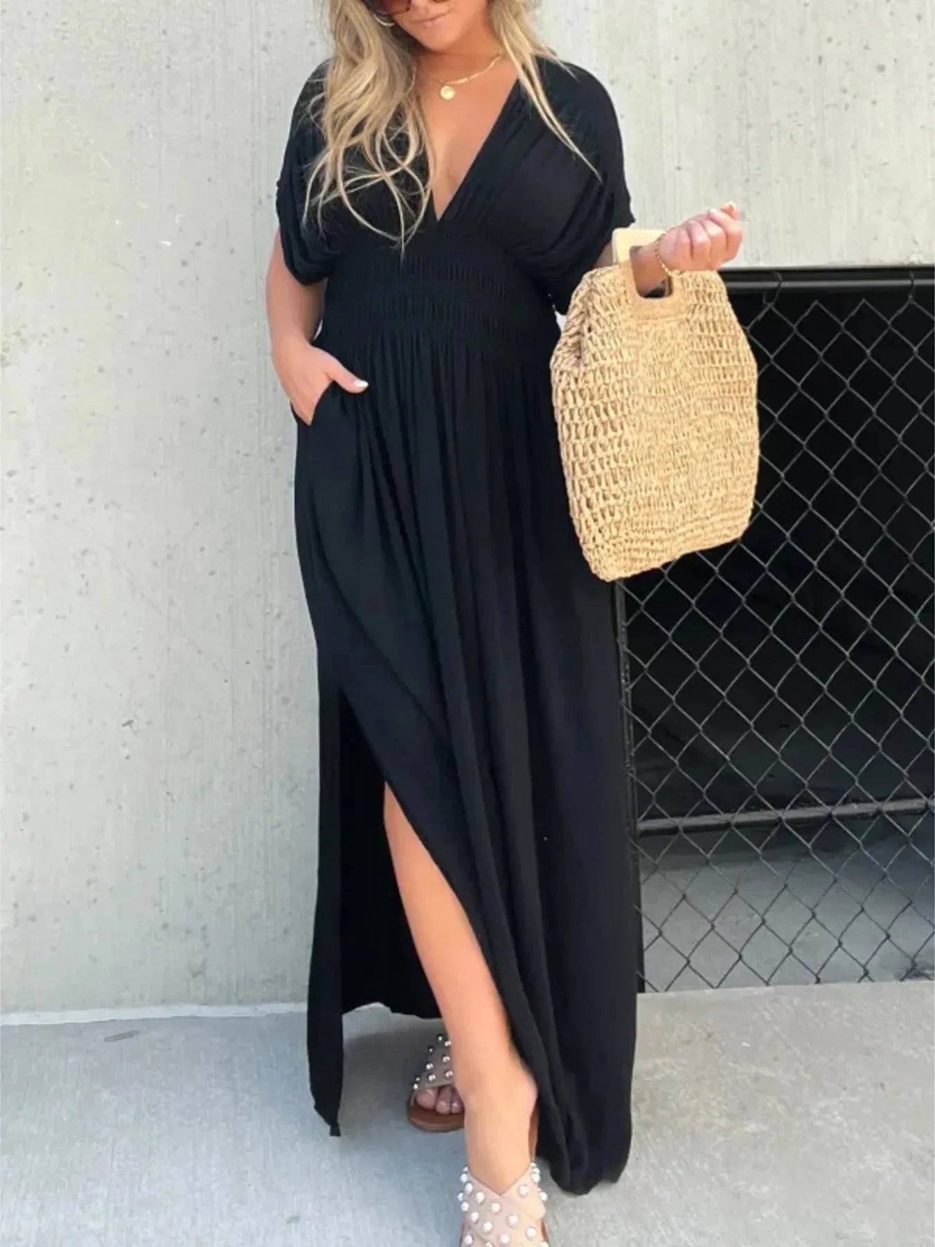 Full Size Deep V-Neck Maxi Dress with Side Slit Plus Size Black / S