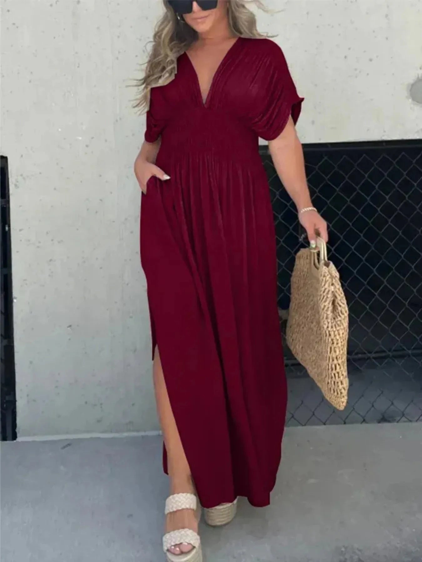 Full Size Deep V-Neck Maxi Dress with Side Slit Plus Size Burgundy / S