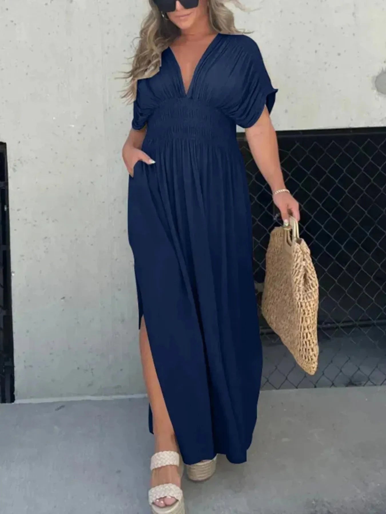 Full Size Deep V-Neck Maxi Dress with Side Slit Plus Size Navy Blue / S