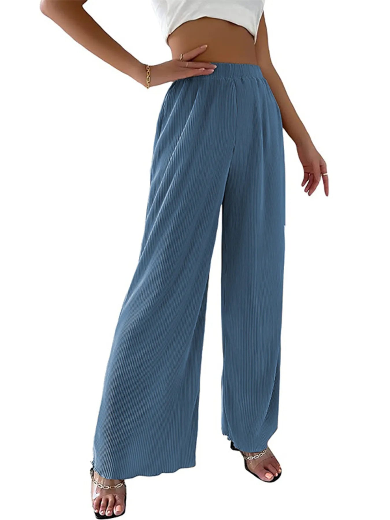 Full Size Elastic Waist Wide Leg Pants Plus Size Blue / S