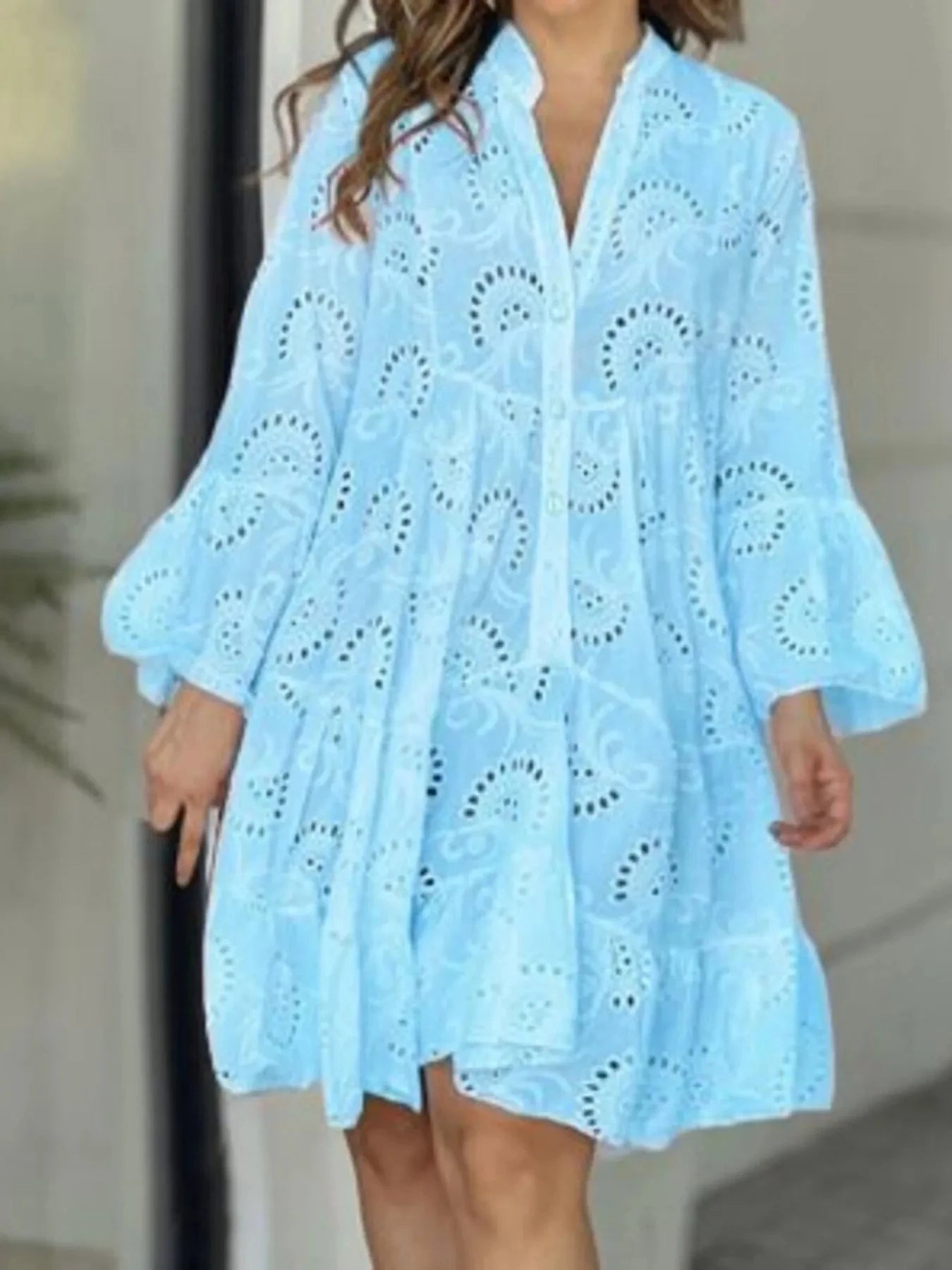 Full Size Eyelet Ruffled Hem Tiered Dress Plus Size Blue / S