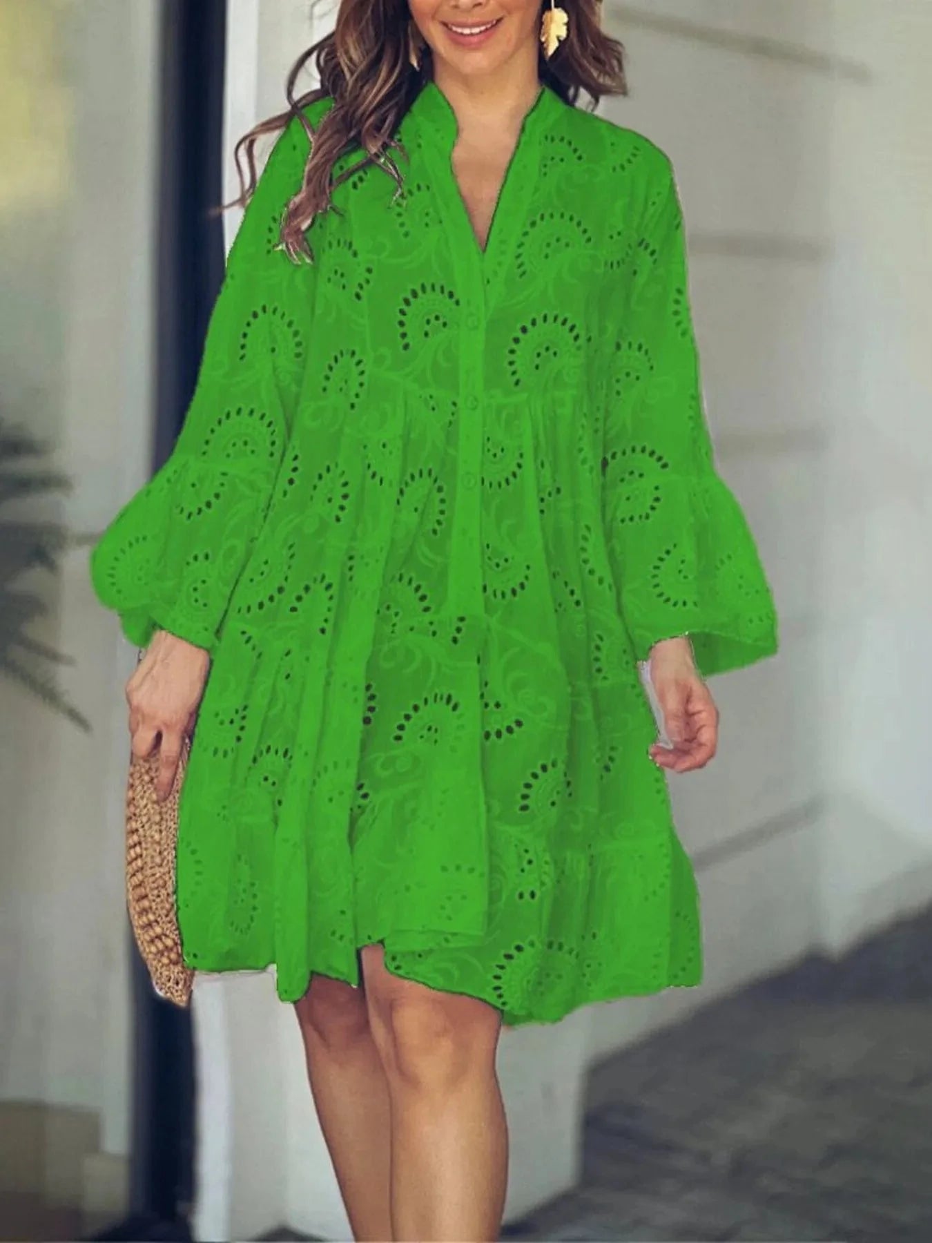 Full Size Eyelet Ruffled Hem Tiered Dress Plus Size Green / S