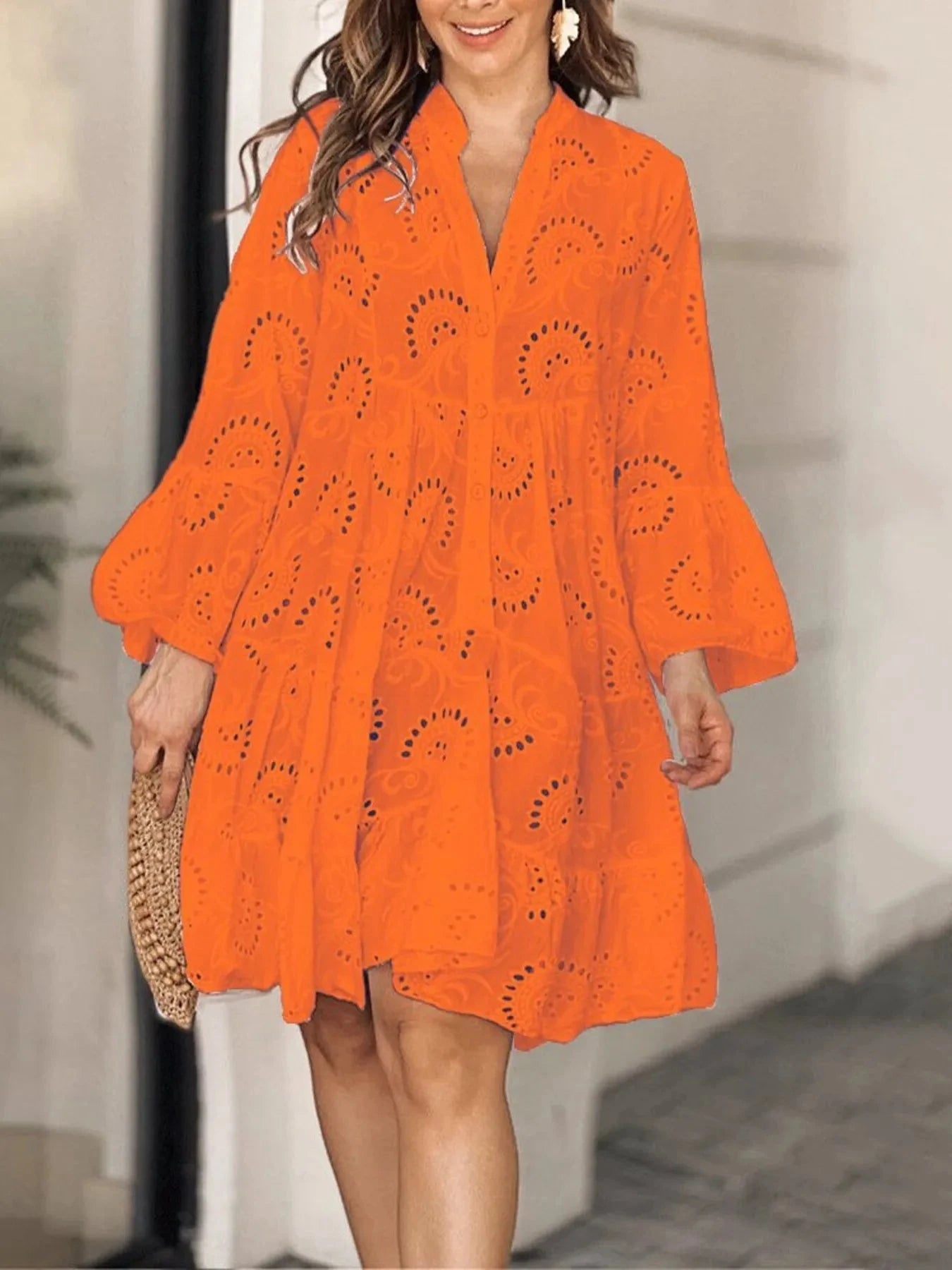 Full Size Eyelet Ruffled Hem Tiered Dress Plus Size Orange / S