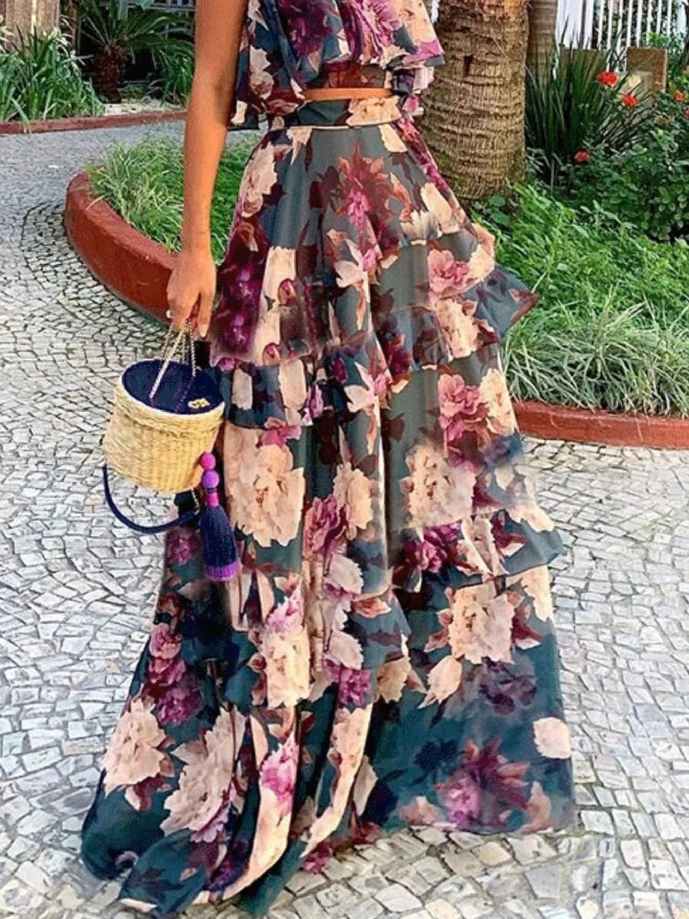 Full Size Floral Cami and Layered Skirt Set Plus Size