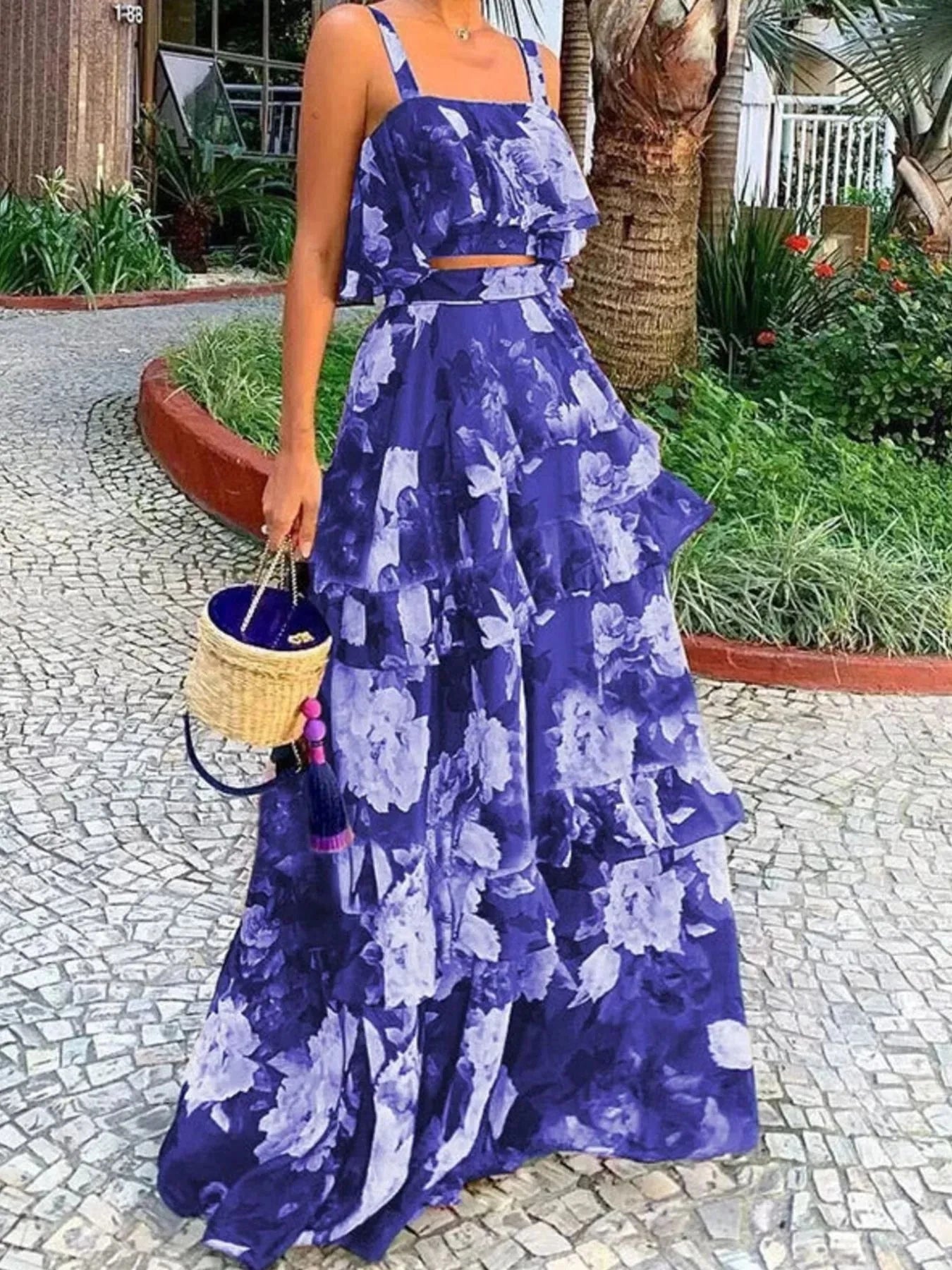 Full Size Floral Cami and Layered Skirt Set Plus Size Violet / S