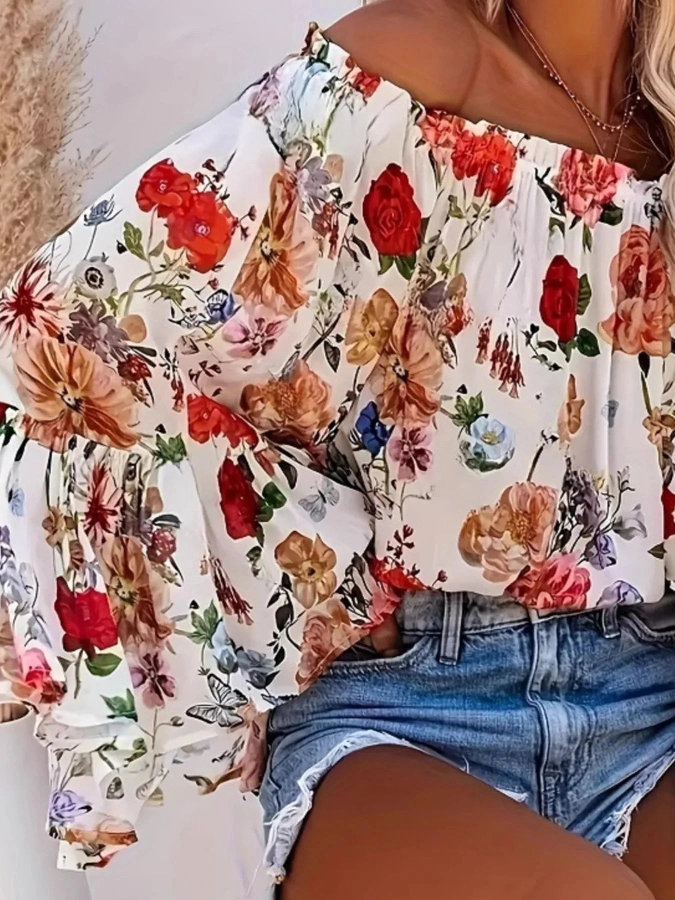 Full Size Floral Off-Shoulder Bell Sleeve Blouse Plus Size