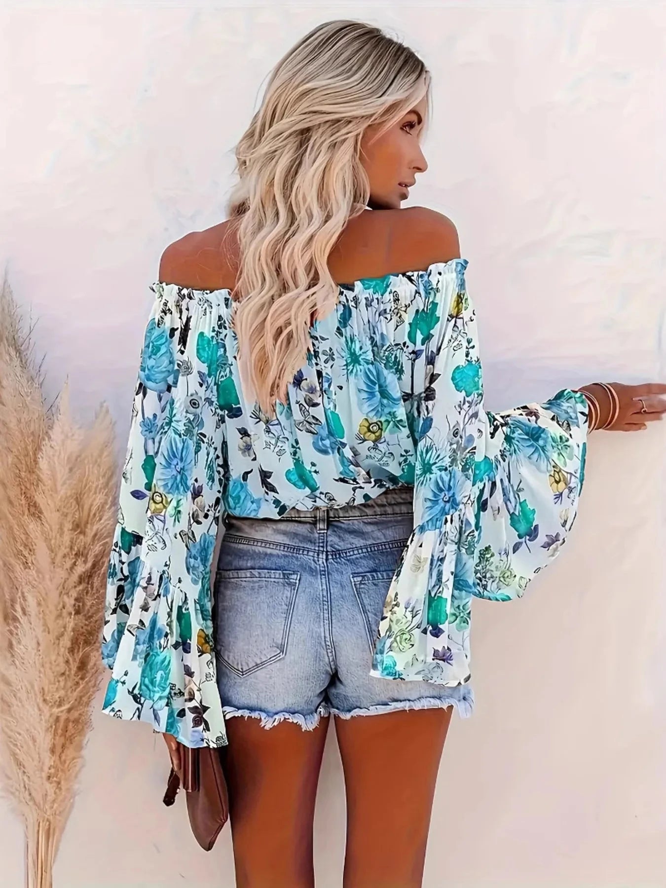 Full Size Floral Off-Shoulder Bell Sleeve Blouse Plus Size