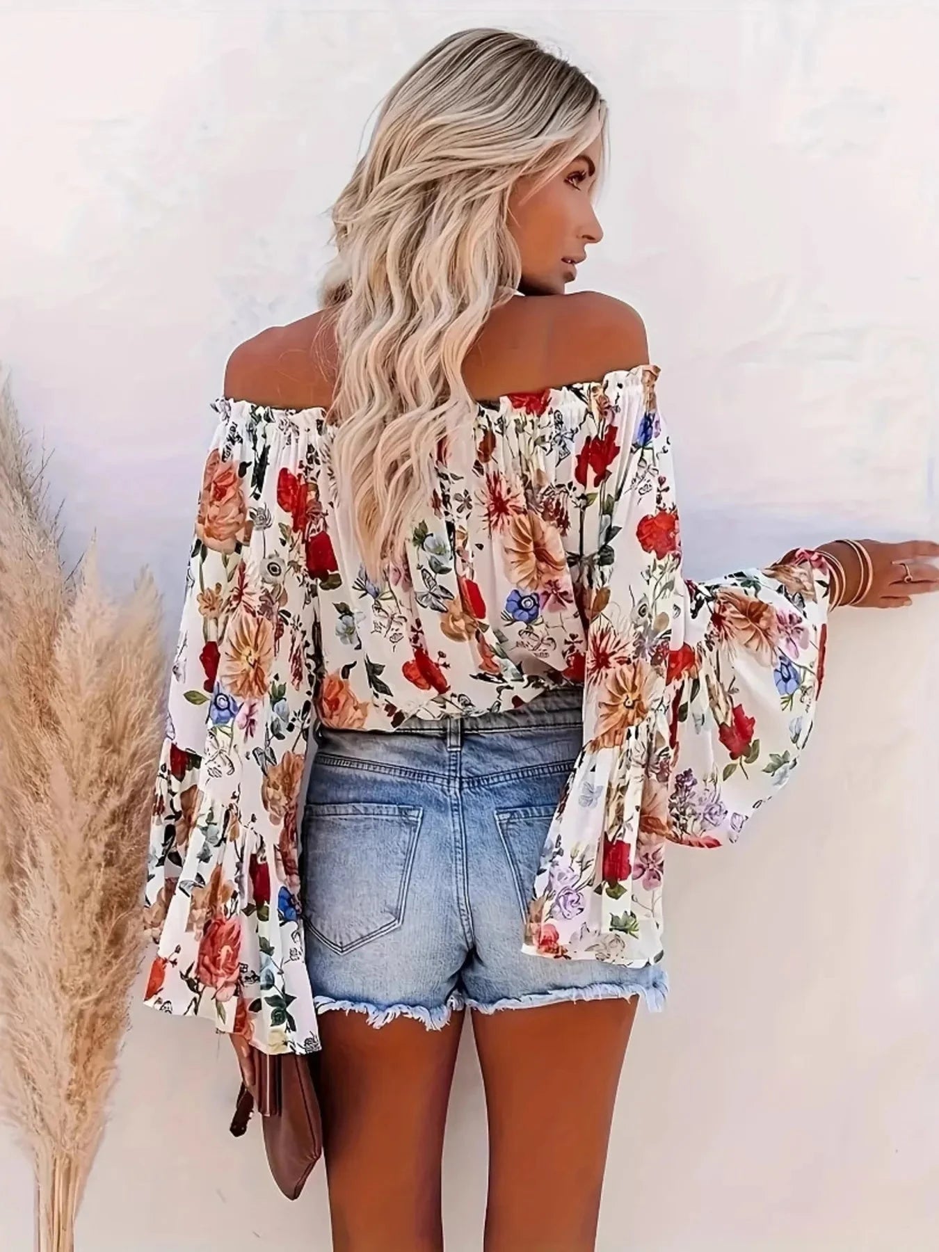 Full Size Floral Off-Shoulder Bell Sleeve Blouse Plus Size
