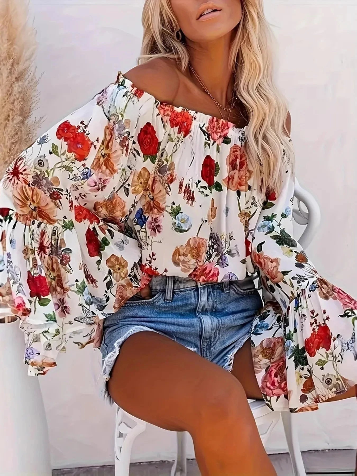 Full Size Floral Off-Shoulder Bell Sleeve Blouse Plus Size Red / S