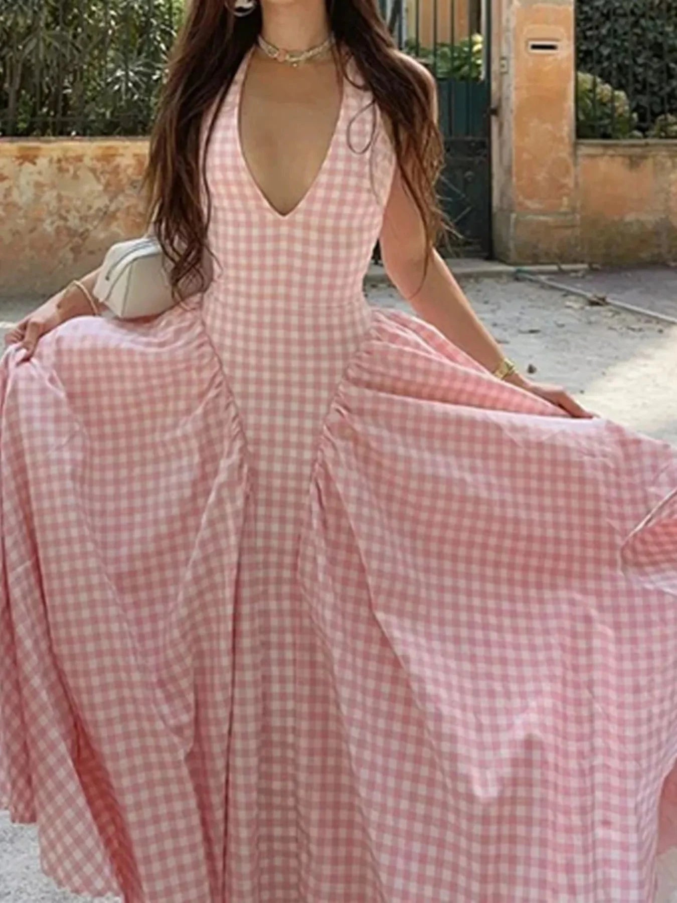 Full Size Gingham Halter Neck Maxi Dress Plus Size