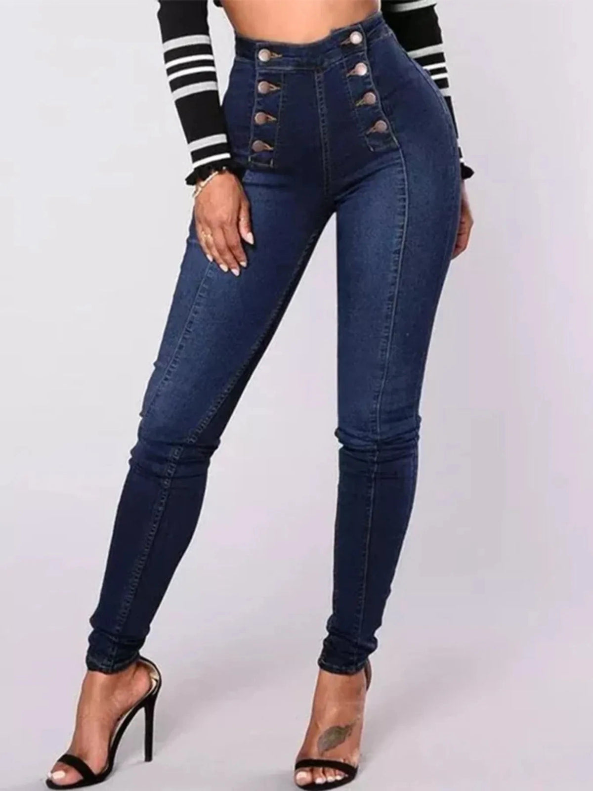 Full Size High-Waisted Double-Breasted Skinny Jeans Plus Size Dark Blue / S