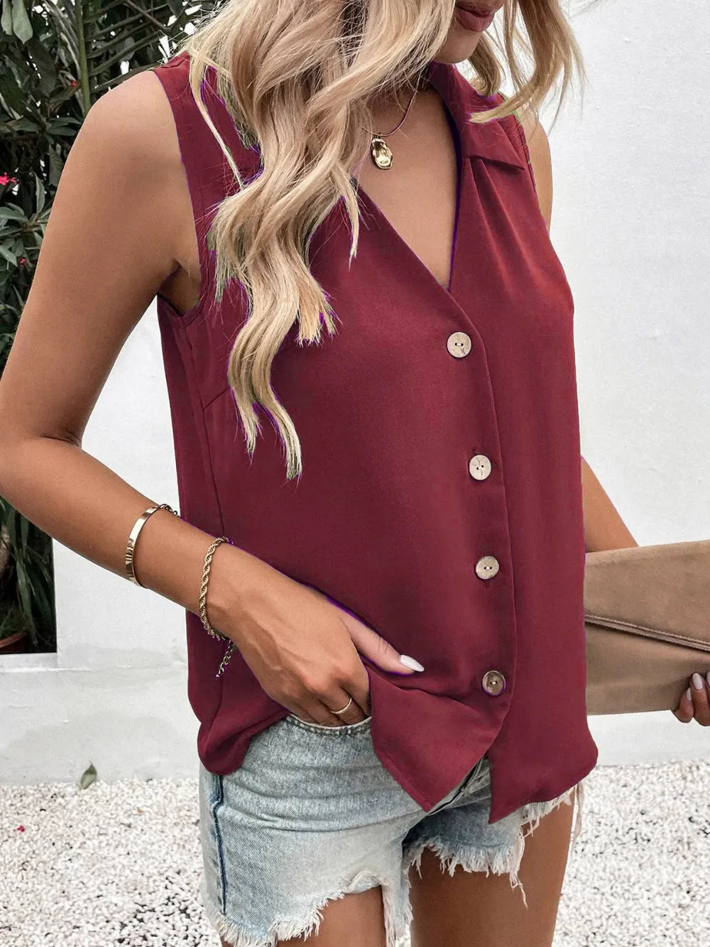 Full Size Johnny Collar Button Down Tank Plus Size Burgundy / S