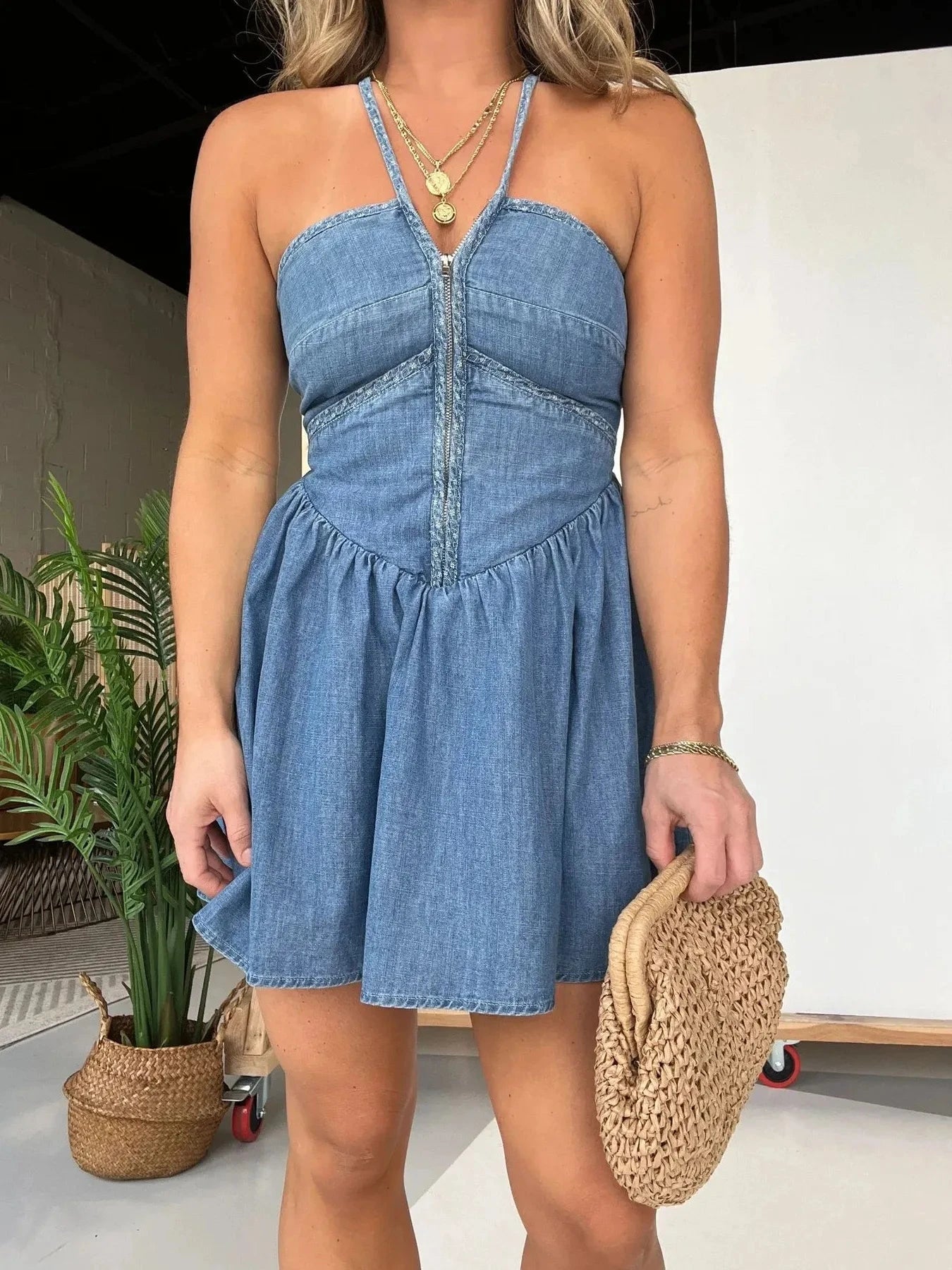 Full Size Lace Up Halter Neck Denim Dress Plus Size