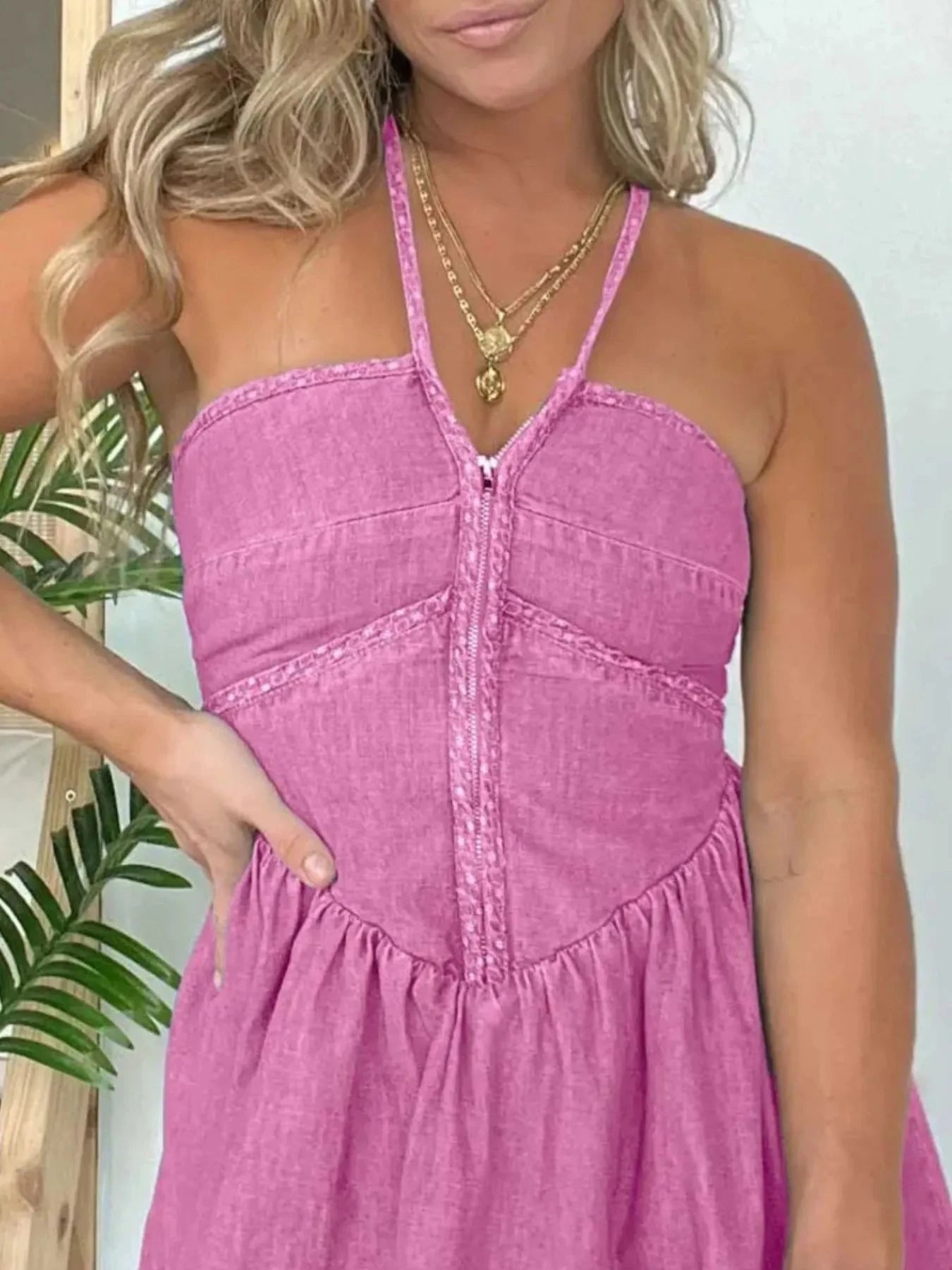 Full Size Lace Up Halter Neck Denim Dress Plus Size