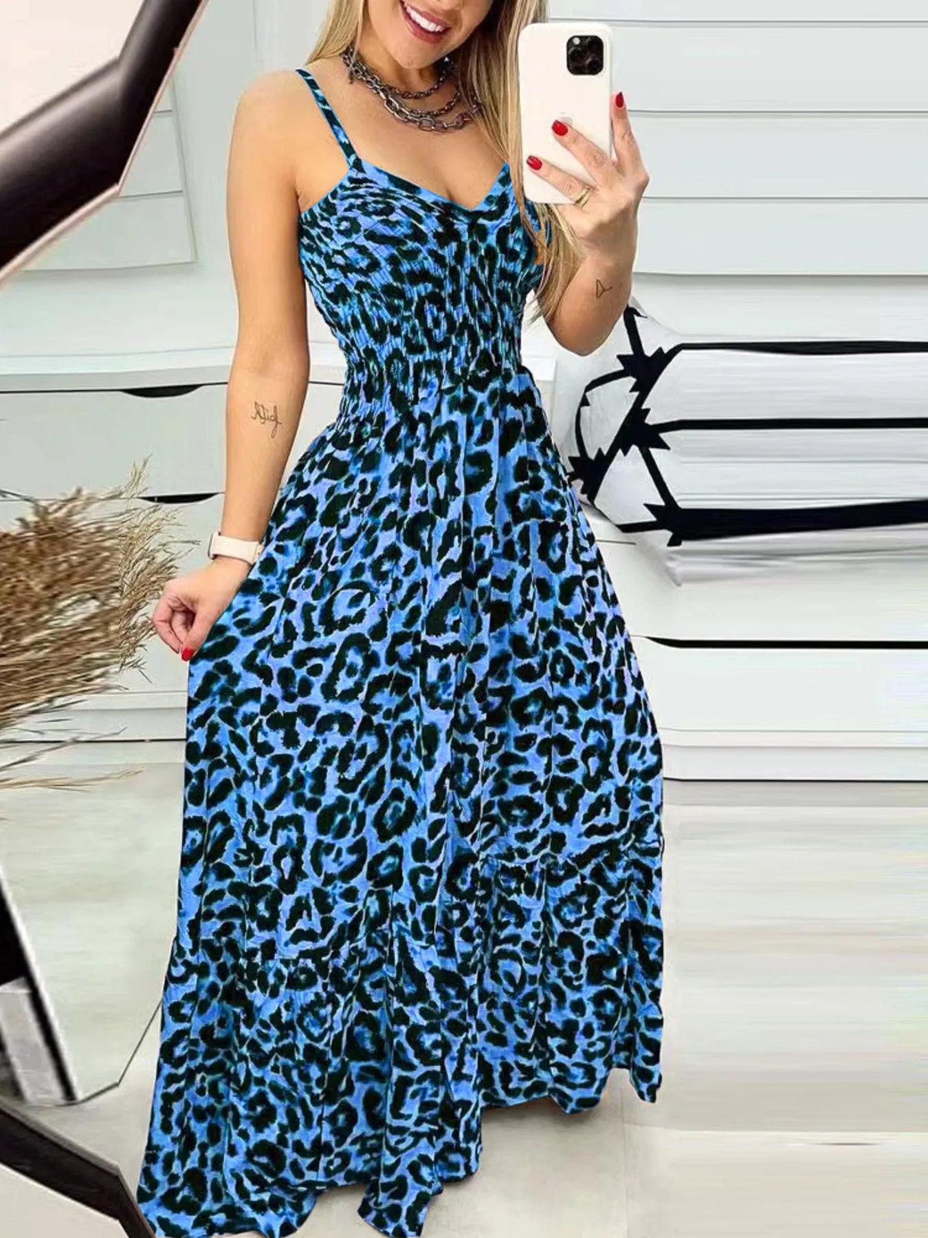 Full Size Leopard Print Spaghetti Strap Maxi Dress Plus Size Blue / S