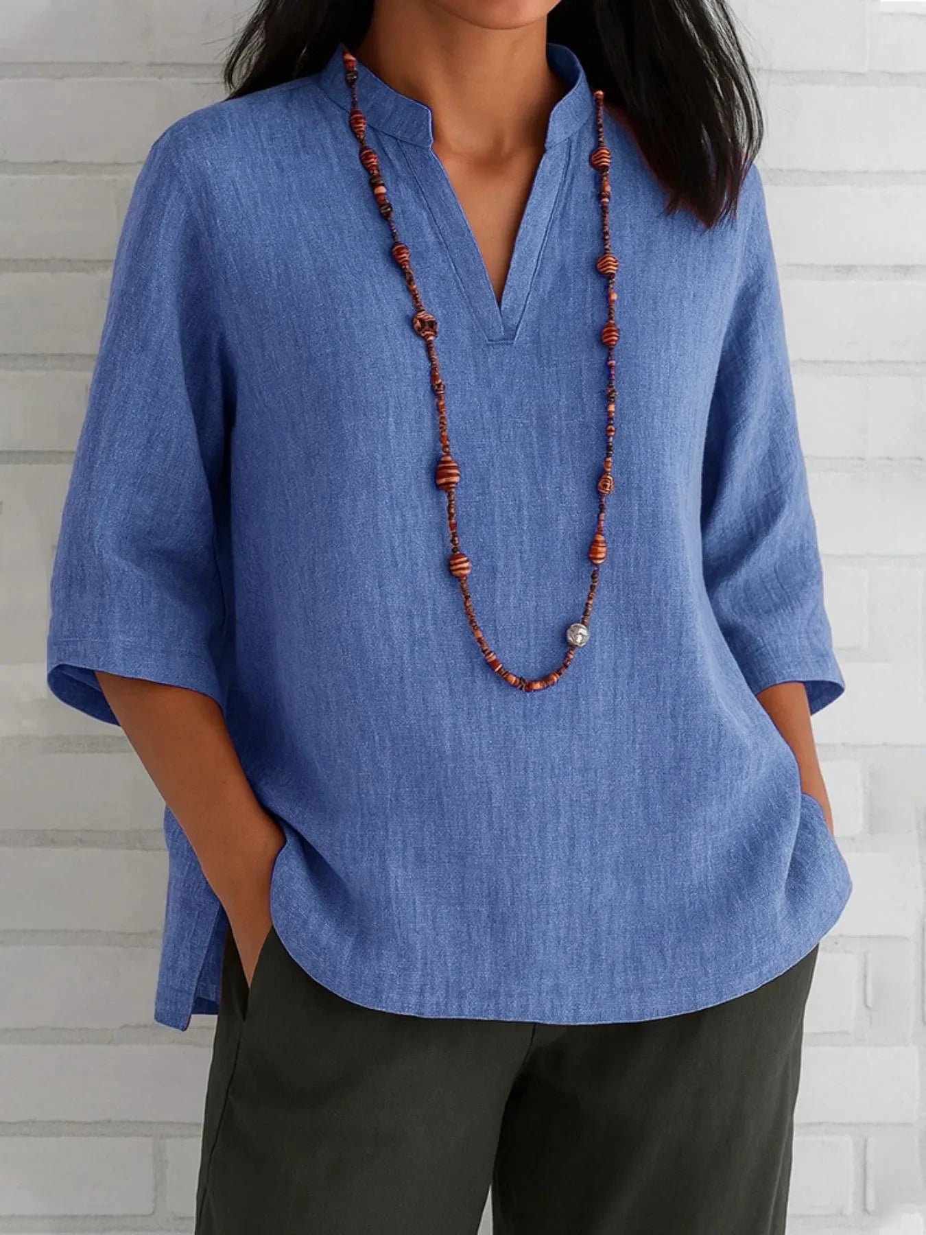 Full Size Notched Three-Quarter Sleeves Blouse Plus Size Blue / S