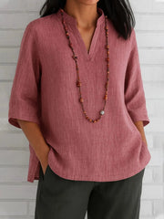Full Size Notched Three-Quarter Sleeves Blouse Plus Size Dusty Pink / S