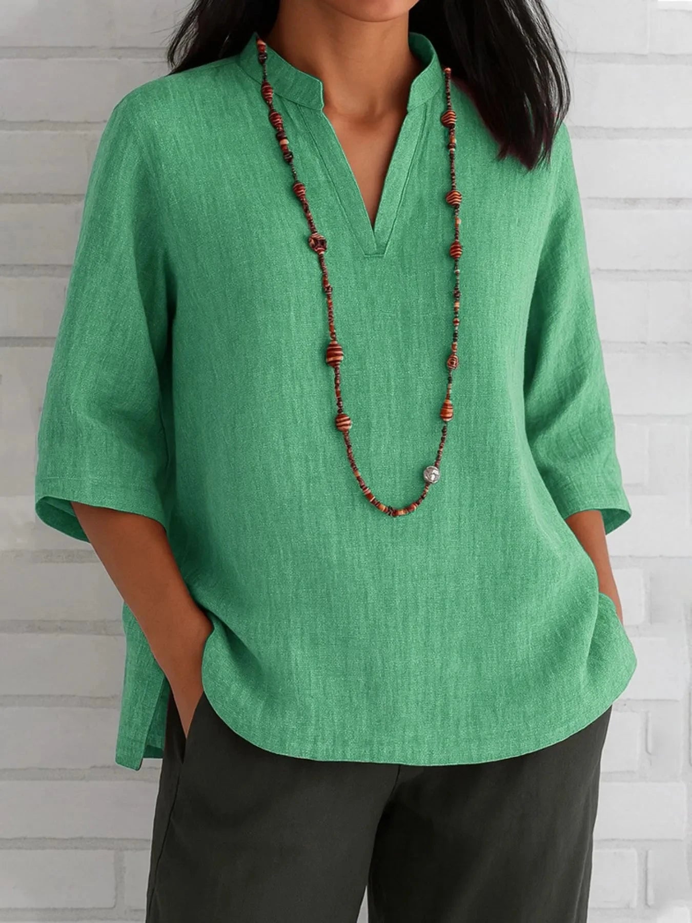 Full Size Notched Three-Quarter Sleeves Blouse Plus Size Green / S