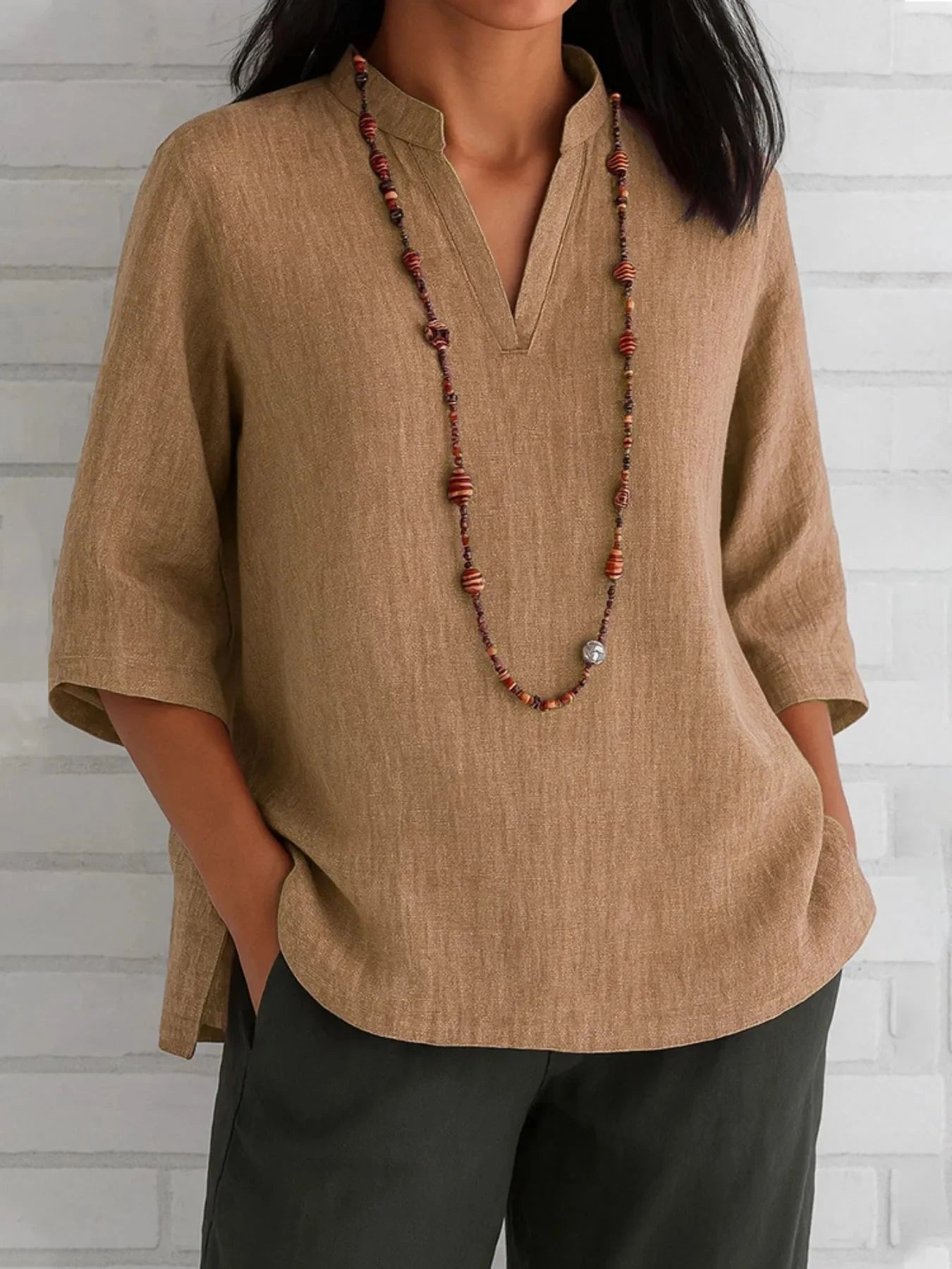 Full Size Notched Three-Quarter Sleeves Blouse Plus Size Tan / S