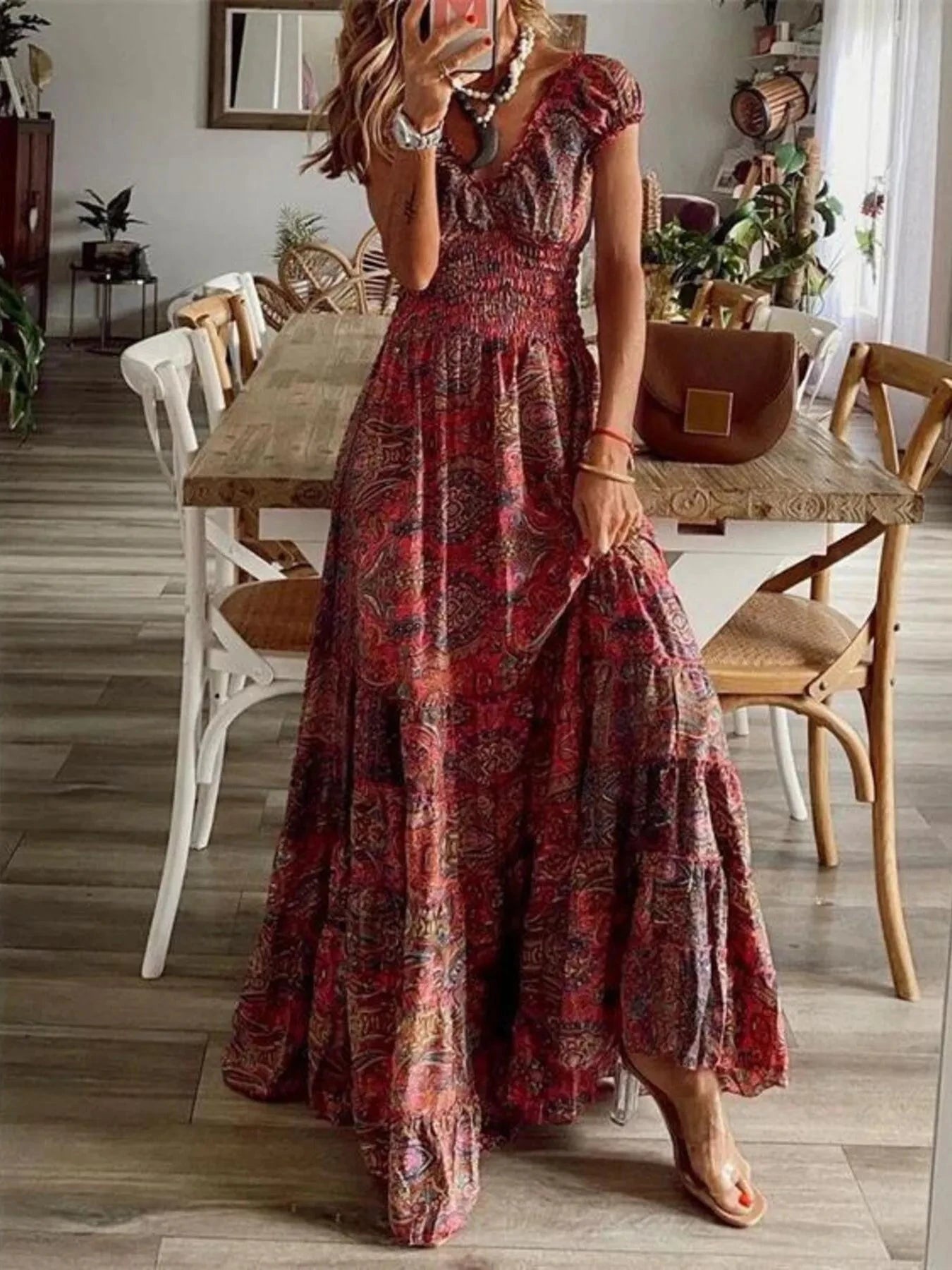Full Size Paisley Print Cap Sleeve Maxi Dress Plus Size