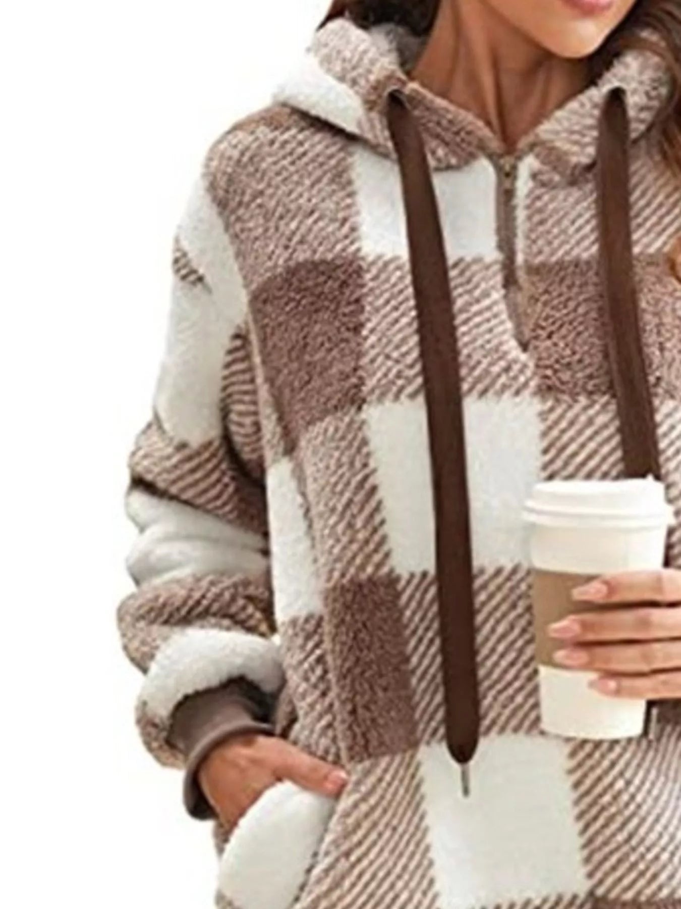 Full Size Plaid Sherpa Drawstring Hoodie Plus Size