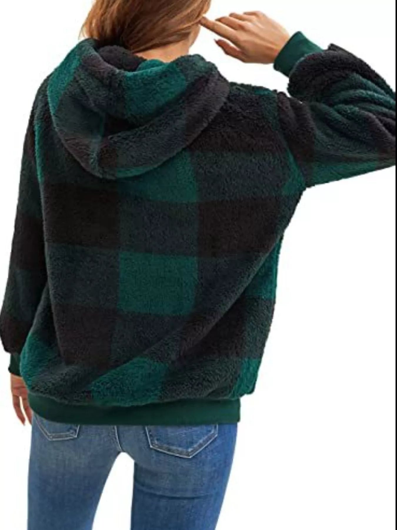 Full Size Plaid Sherpa Drawstring Hoodie Plus Size