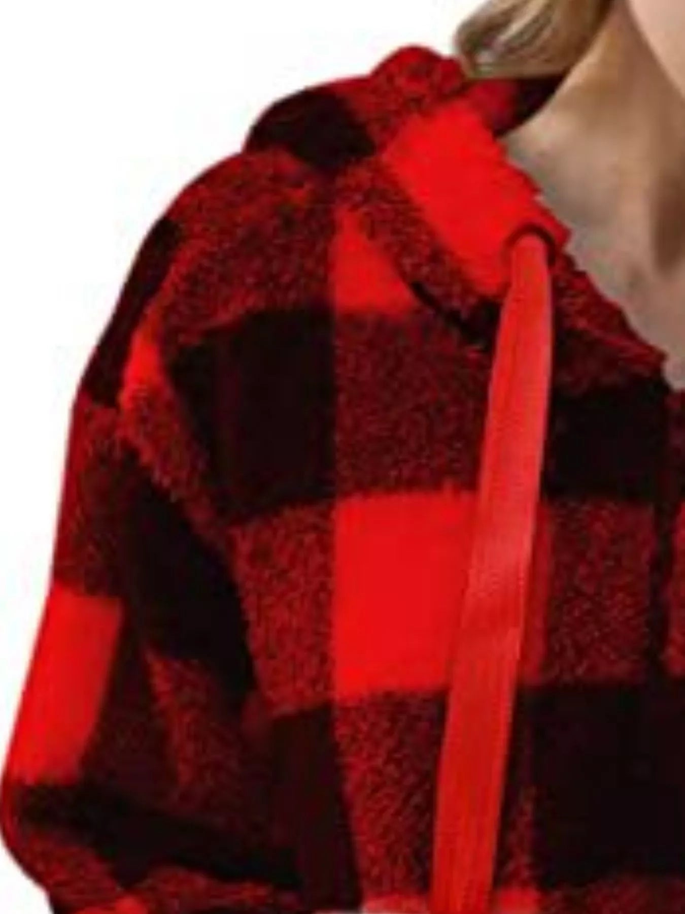 Full Size Plaid Sherpa Drawstring Hoodie Plus Size