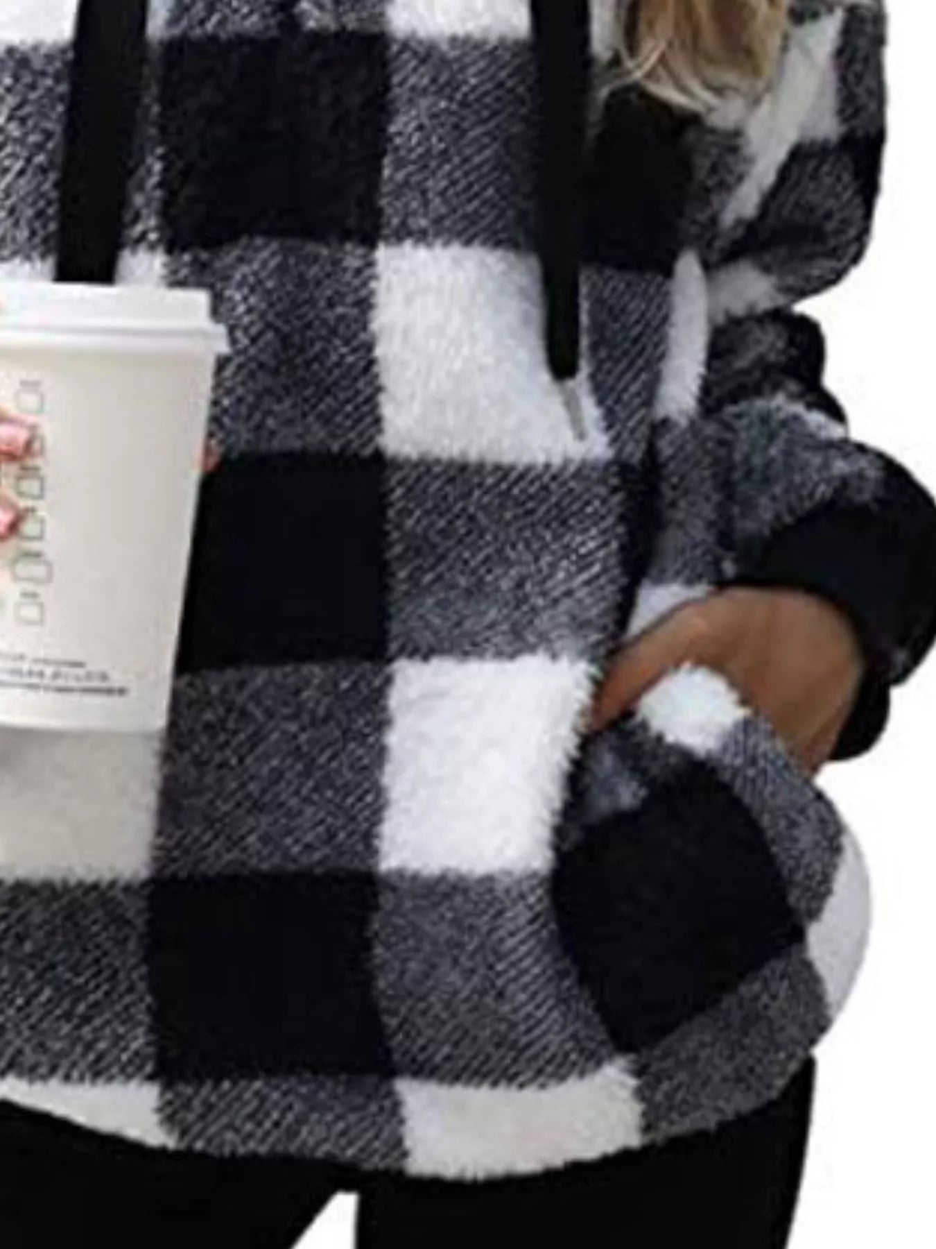 Full Size Plaid Sherpa Drawstring Hoodie Plus Size