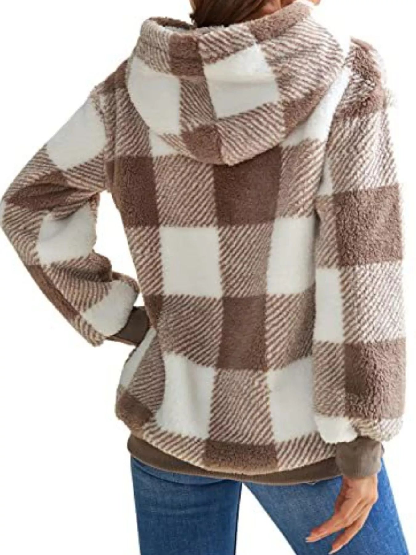 Full Size Plaid Sherpa Drawstring Hoodie Plus Size