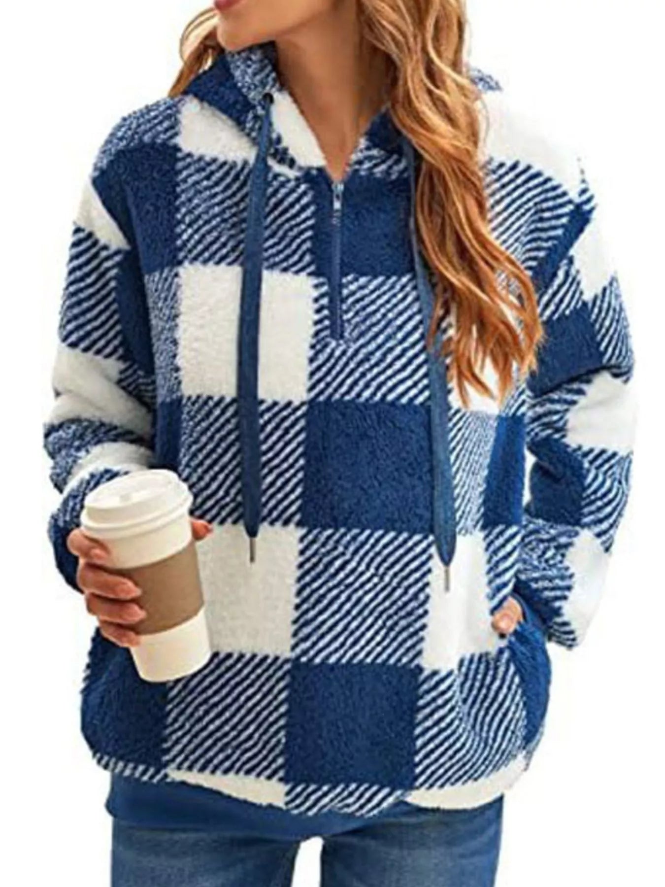 Full Size Plaid Sherpa Drawstring Hoodie Plus Size Blue / S