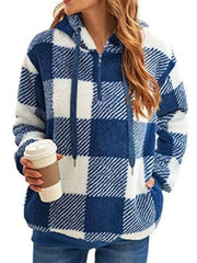 Full Size Plaid Sherpa Drawstring Hoodie Plus Size Blue / S