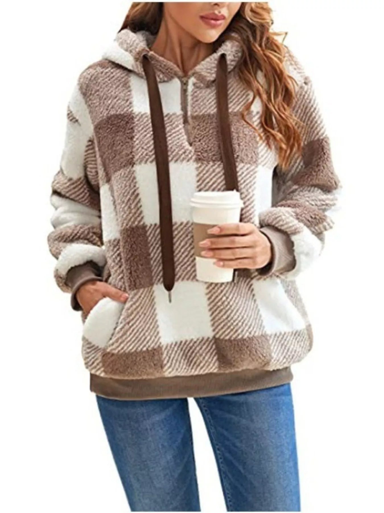 Full Size Plaid Sherpa Drawstring Hoodie Plus Size Brown / S
