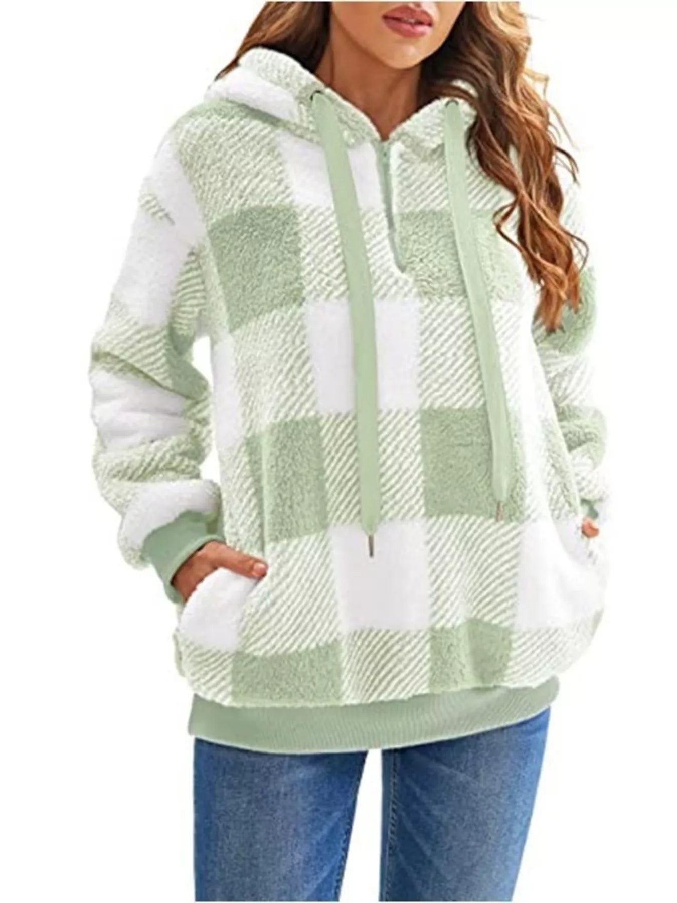 Full Size Plaid Sherpa Drawstring Hoodie Plus Size Green / S