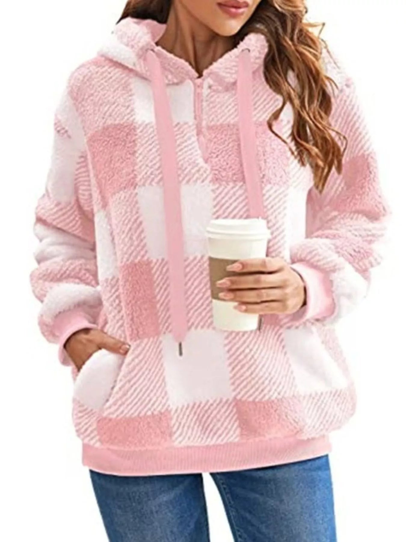 Full Size Plaid Sherpa Drawstring Hoodie Plus Size Pink / S