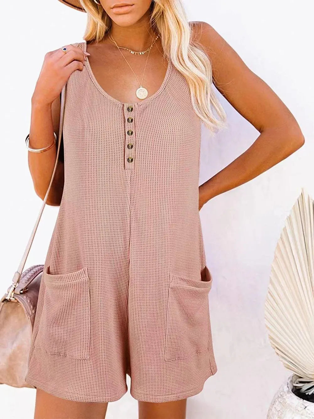Full Size Pocketed Scoop Neck Sleeveless Romper Dusty Pink / S