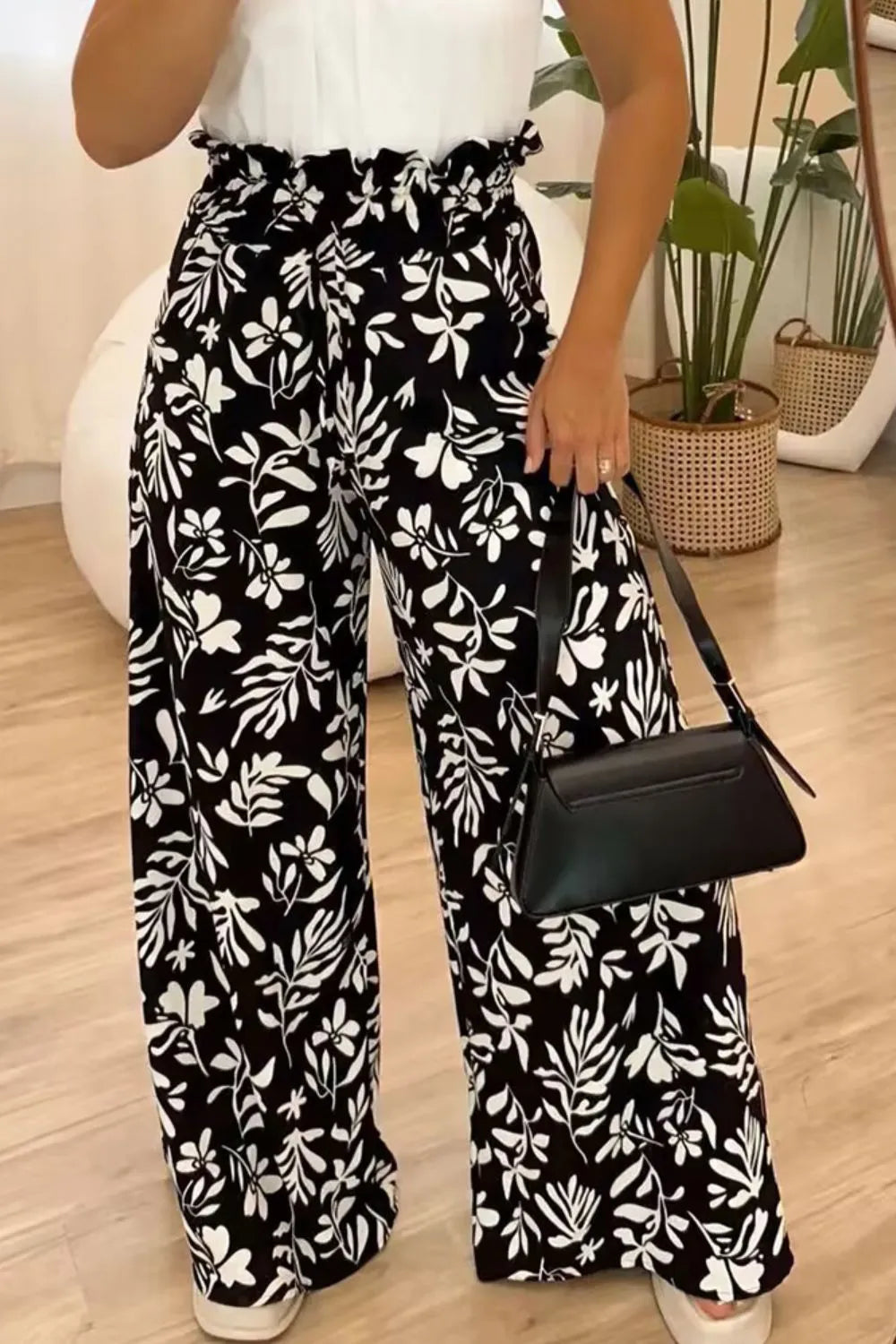 Full Size Printed High Waist Wide Leg Pants Black / S