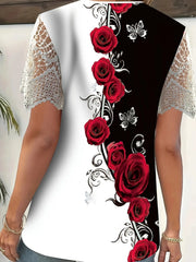 Full Size Printed Lace Sleeve V-Neck T-Shirt Plus Size