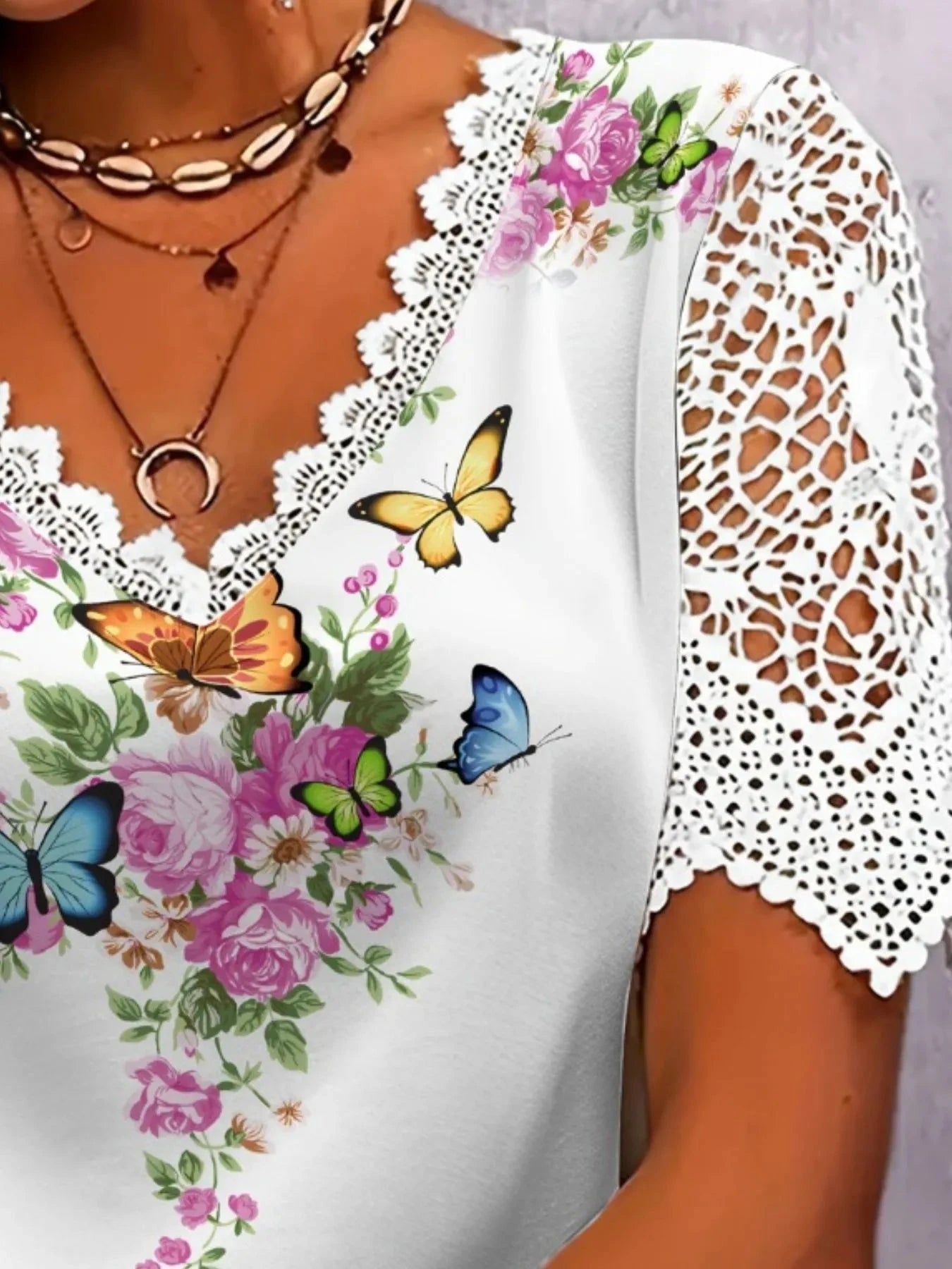 Full Size Printed Lace Sleeve V-Neck T-Shirt Plus Size