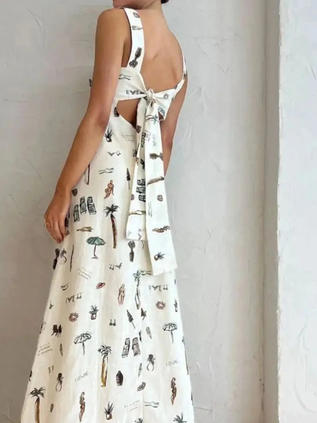 Full Size Printed Square Neck Tie Back Maxi Dress Plus Size