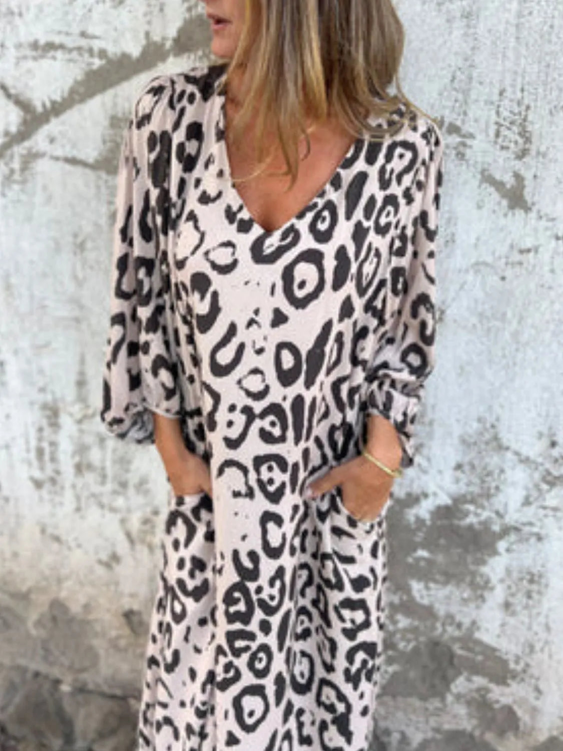 Full Size Printed V-Neck Dress with Pockets Plus Size