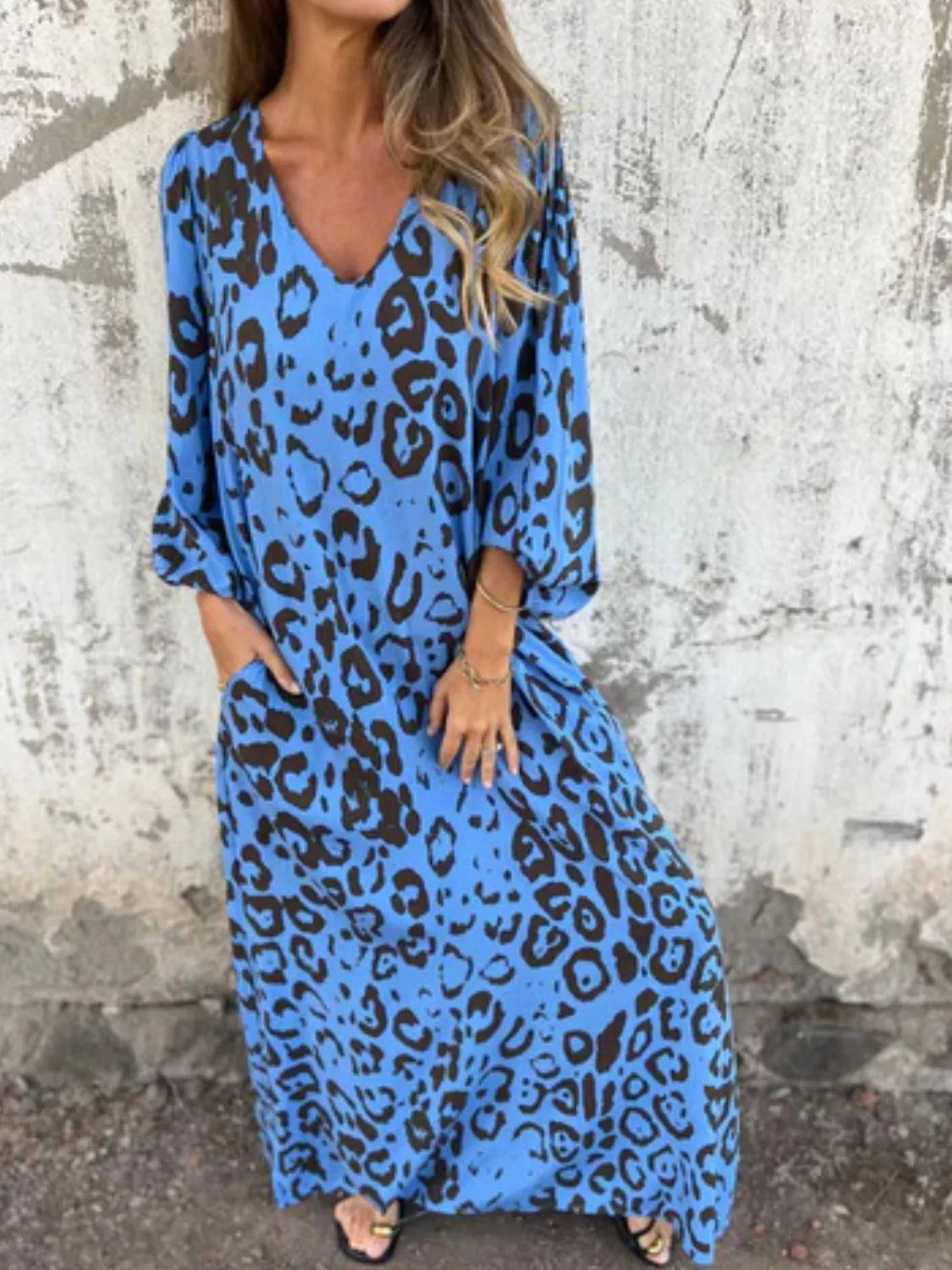 Full Size Printed V-Neck Dress with Pockets Plus Size Blue / S