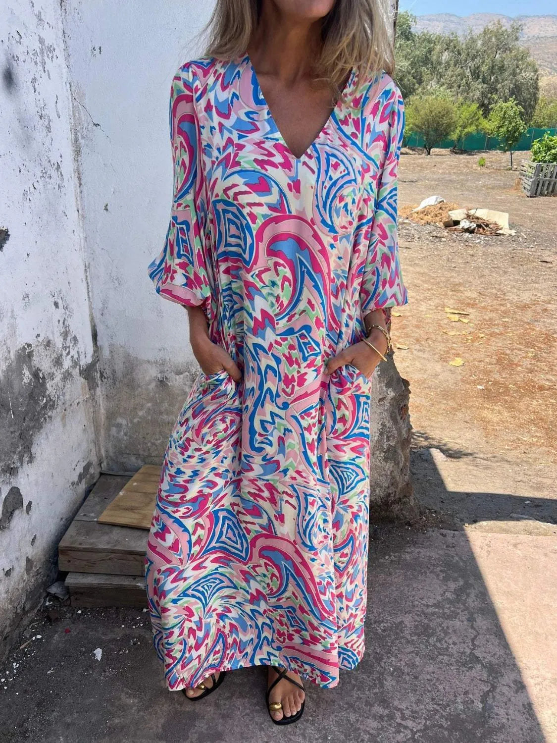 Full Size Printed V-Neck Dress with Pockets Plus Size Lilac / S