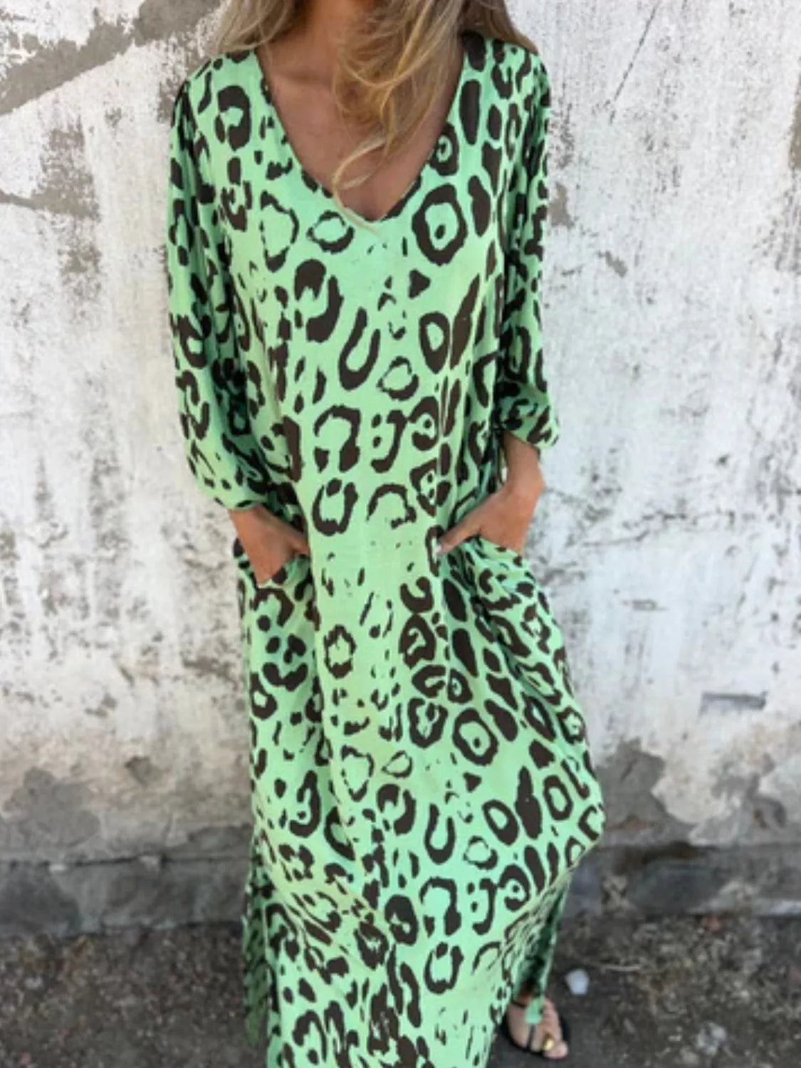 Full Size Printed V-Neck Dress with Pockets Plus Size Neon Green / S