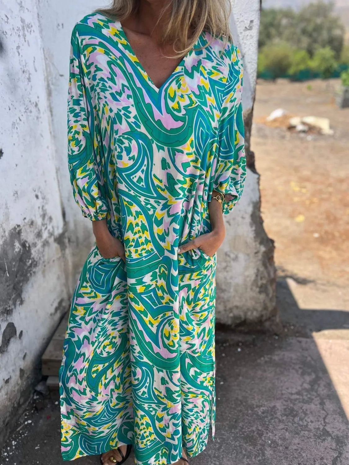 Full Size Printed V-Neck Dress with Pockets Plus Size Turquoise / S