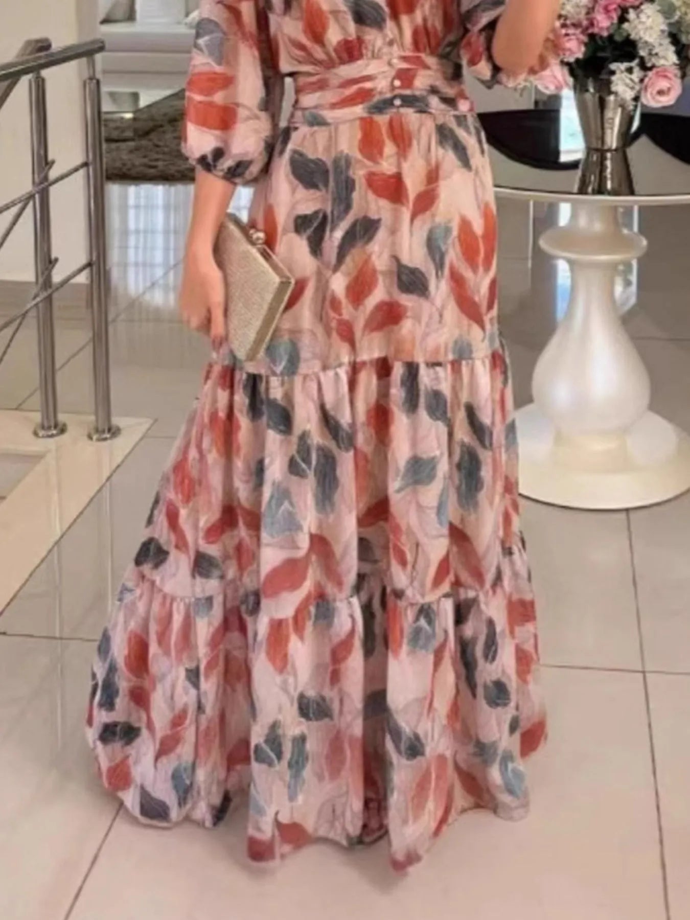 Full Size Printed V-Neck Maxi Dress with Tiered Hemline Plus Size