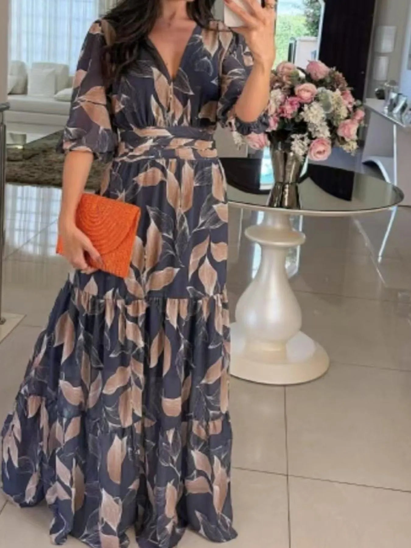 Full Size Printed V-Neck Maxi Dress with Tiered Hemline Plus Size Navy Blue / S