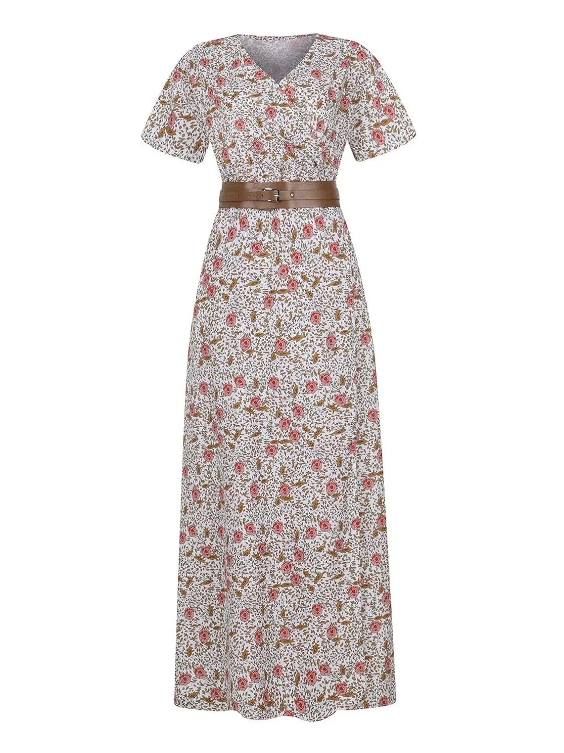 Full Size Printed V-Neck Short Sleeve Maxi Dress Plus Size