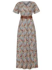 Full Size Printed V-Neck Short Sleeve Maxi Dress Plus Size