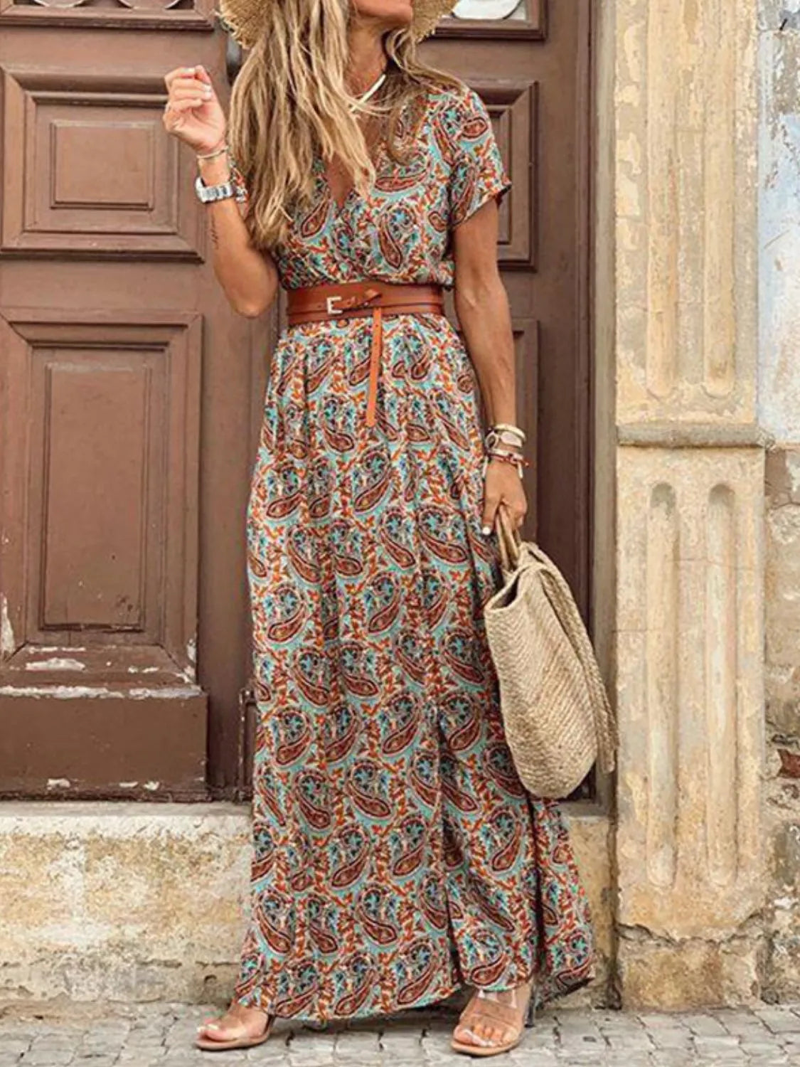 Full Size Printed V-Neck Short Sleeve Maxi Dress Plus Size Brown / S