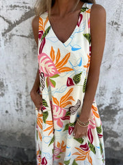 Full Size Printed V-Neck Sleeveless Dress Plus Size